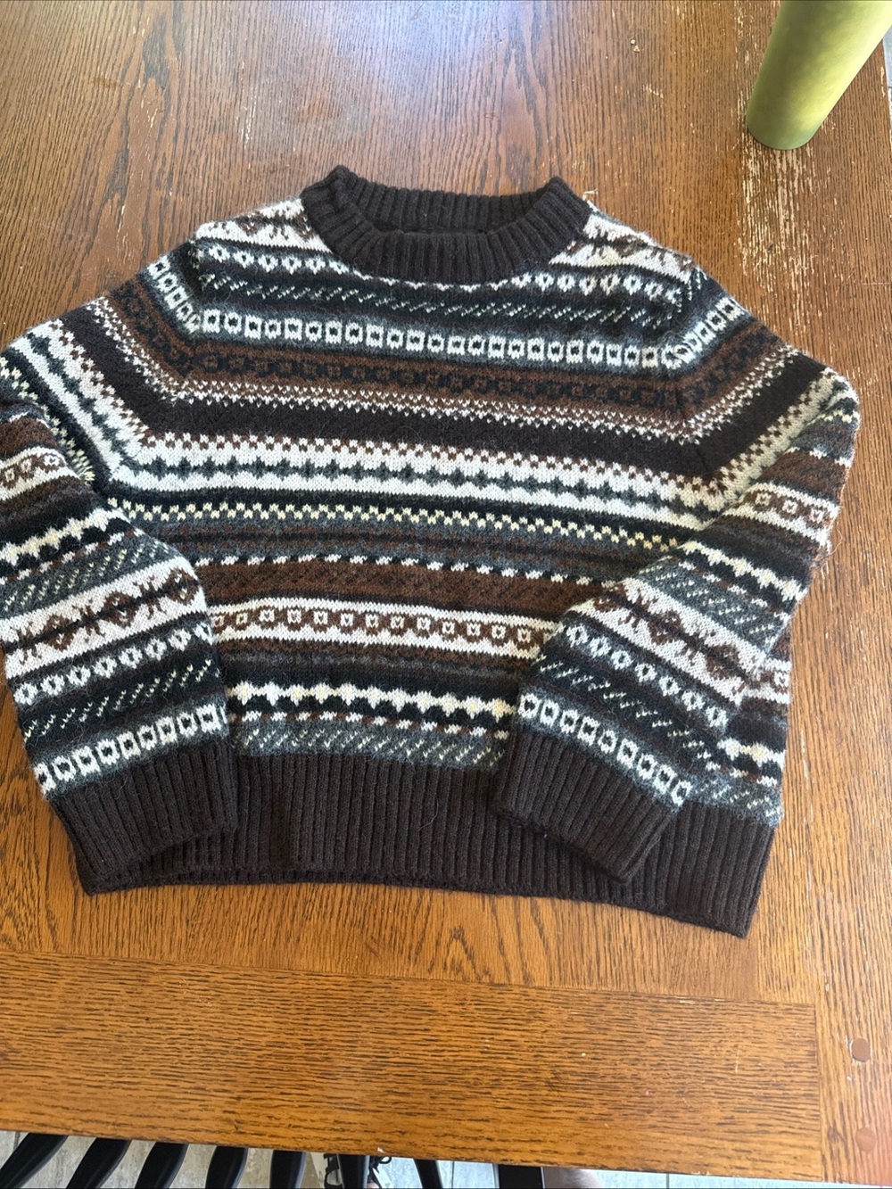 ZARA Fairisle Sweater Brown Beige Fair Isle Knit Pullover Medium. Pit to pit 20”